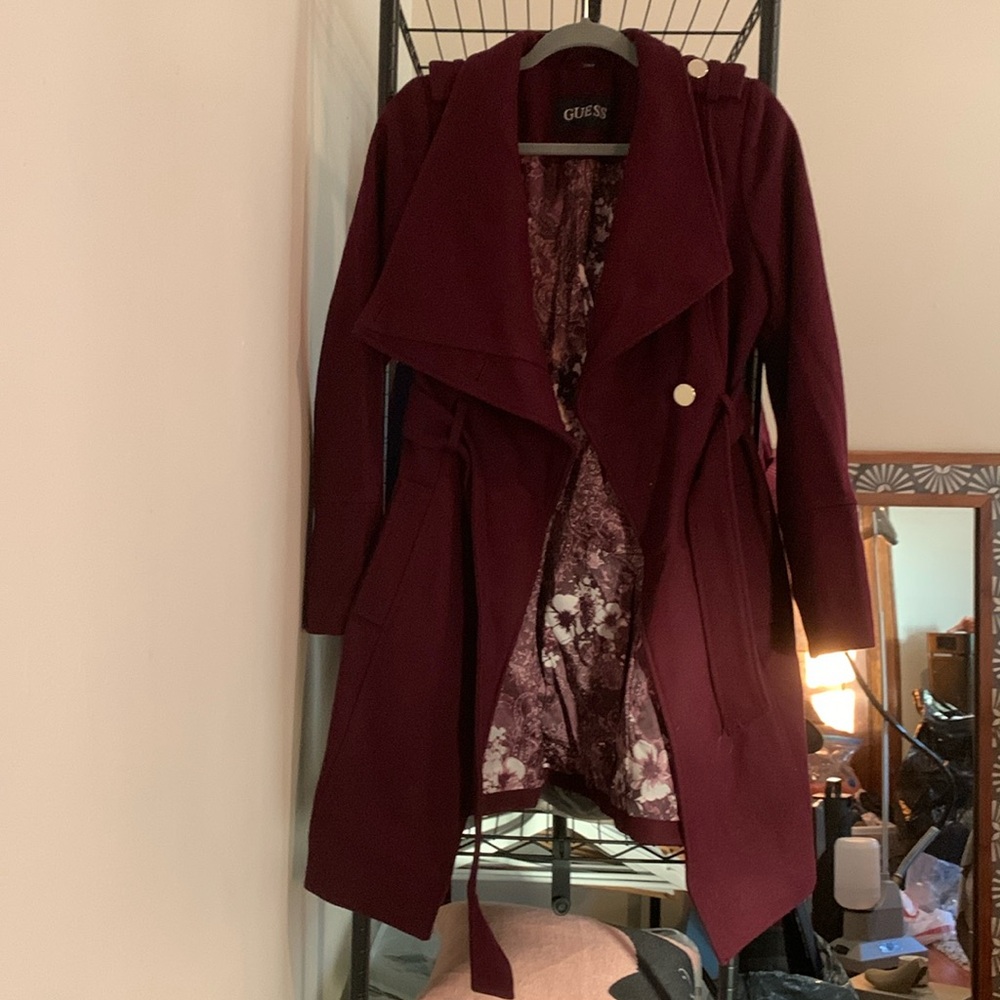 GUESS Wool Trench Coat Small Maroon